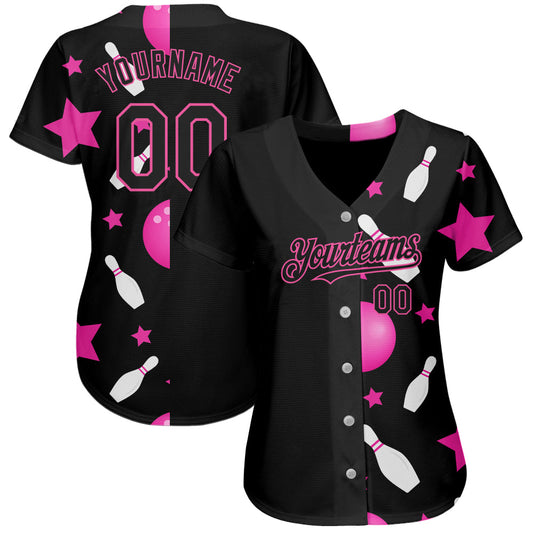 Custom Black Pink 3D Pattern Design Bowling Authentic Baseball Jersey - Sky-Custom