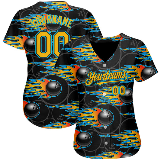 Custom Black Gold-Lakes Blue 3D Pattern Design Bowling Ball With Hotrod Flame Authentic Baseball Jersey - Sky-Custom