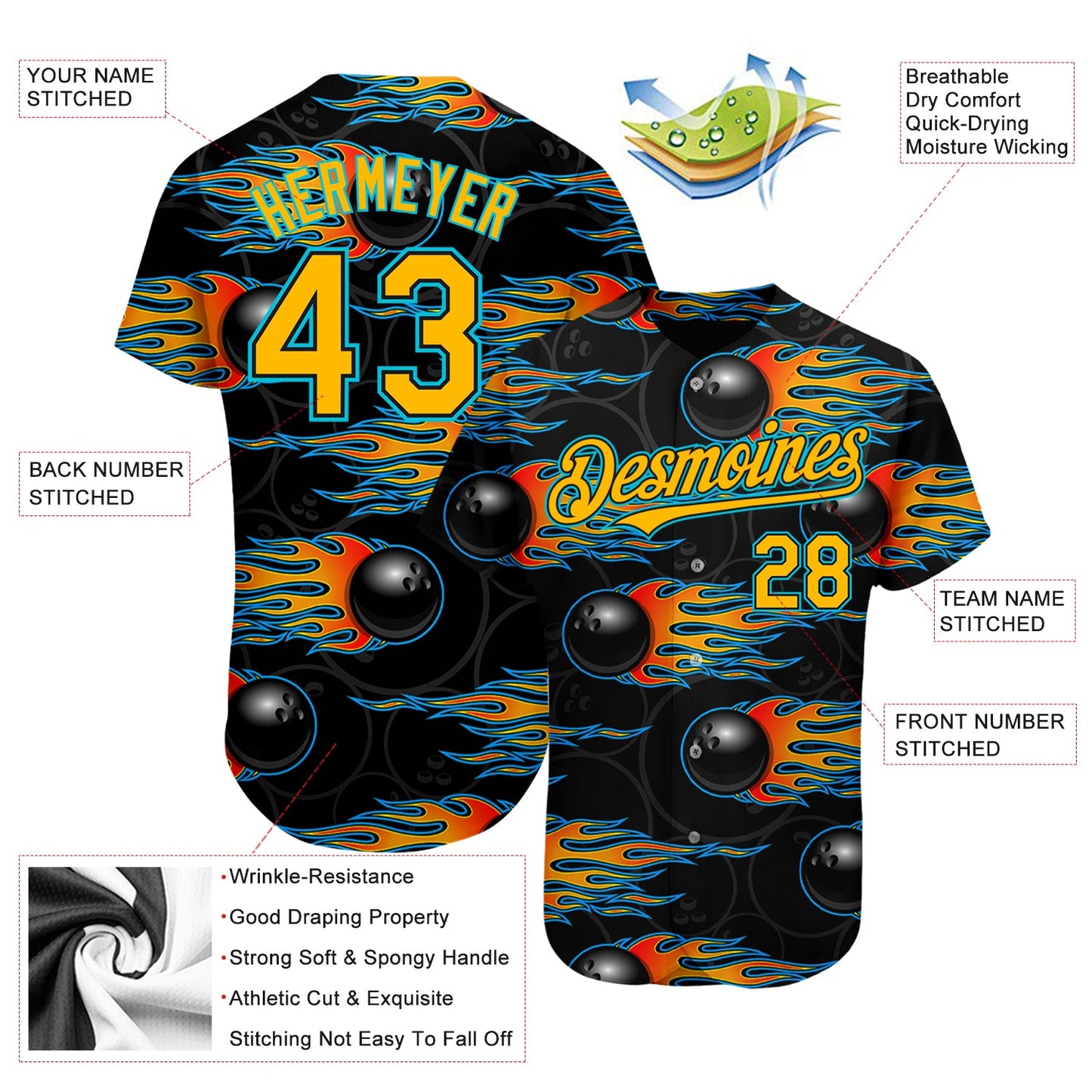 Custom Black Gold-Lakes Blue 3D Pattern Design Bowling Ball With Hotrod Flame Authentic Baseball Jersey - Sky-Custom