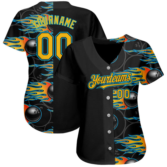 Custom Black Gold-Lakes Blue 3D Pattern Design Bowling Ball With Hotrod Flame Authentic Baseball Jersey Ball - Sky-Custom