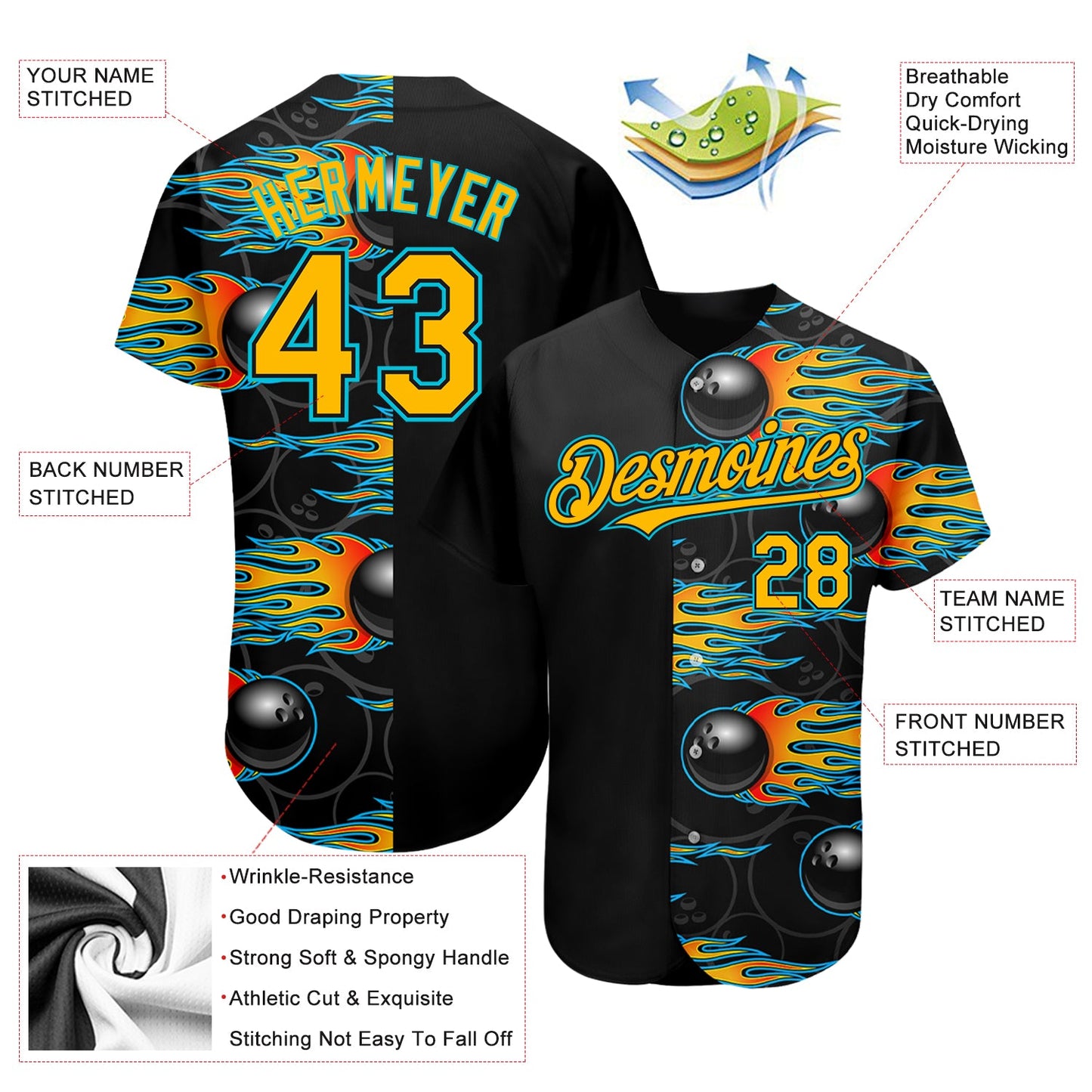 Custom Black Gold-Lakes Blue 3D Pattern Design Bowling Ball With Hotrod Flame Authentic Baseball Jersey Ball - Sky-Custom