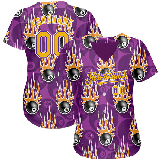 Custom Purple Gold-White 3D Pattern Design Billiards Snooker 8 Ball With Hotrod Flame Authentic Baseball Jersey - Sky-Custom