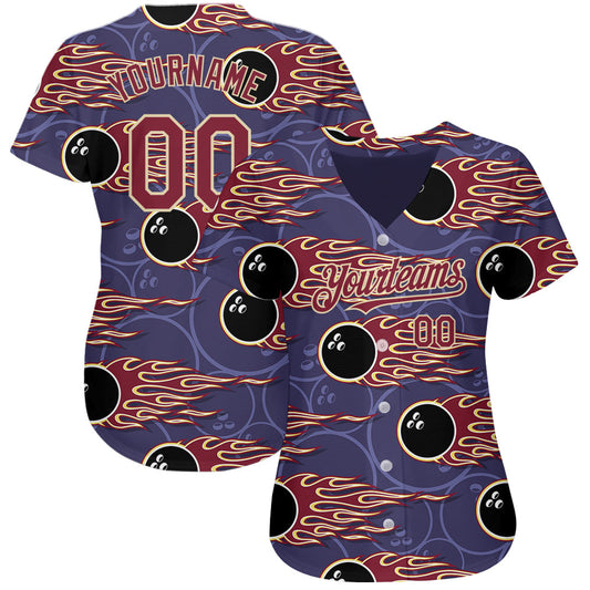 Custom Purple Crimson-City Cream 3D Pattern Design Bowling Ball With Hotrod Flame Authentic Baseball Jersey - Sky-Custom