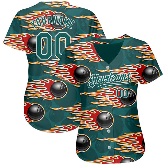 Custom Midnight Green White 3D Pattern Design Bowling Ball With Hotrod Flame Authentic Baseball Jersey - Sky-Custom