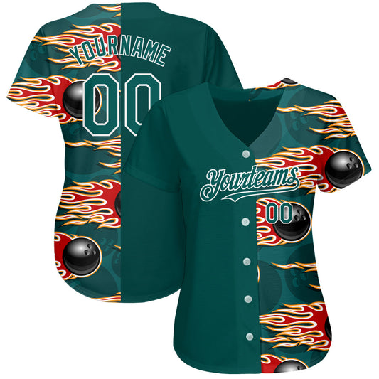 Custom Midnight Green White 3D Pattern Design Bowling Ball With Hotrod Flame Authentic Baseball Jersey - Sky-Custom