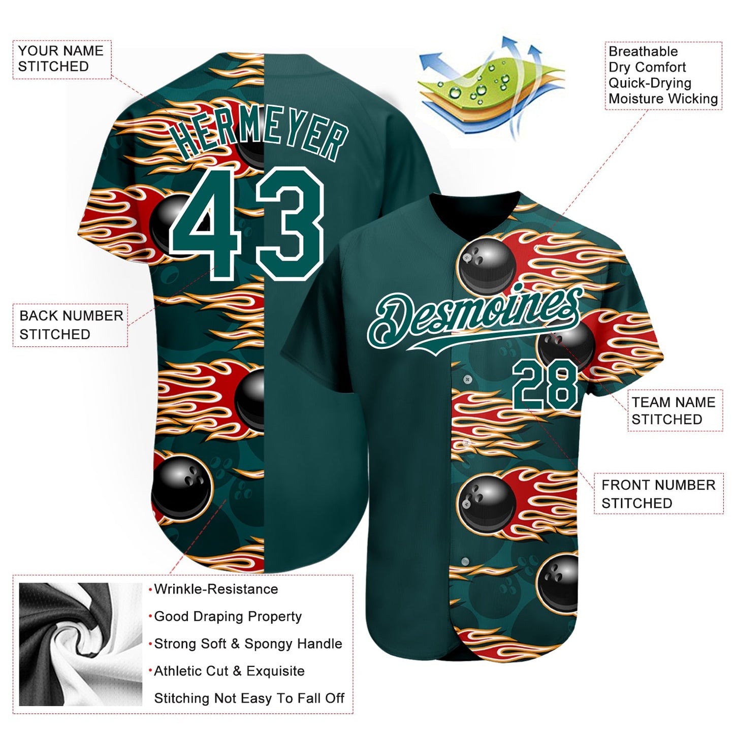 Custom Midnight Green White 3D Pattern Design Bowling Ball With Hotrod Flame Authentic Baseball Jersey - Sky-Custom