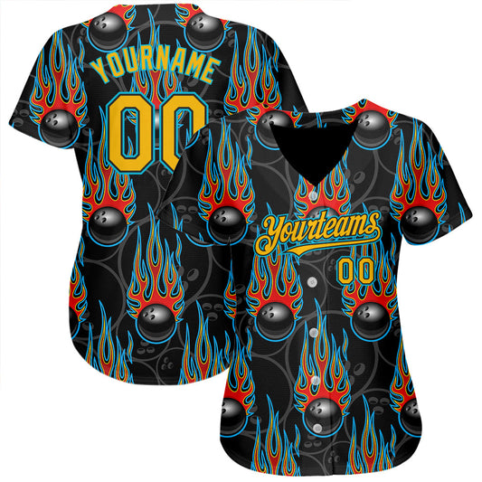 Custom Black Gold-Lakes Blue 3D Pattern Design Bowling Ball With Hotrod Flame Authentic Baseball Jersey - Sky-Custom
