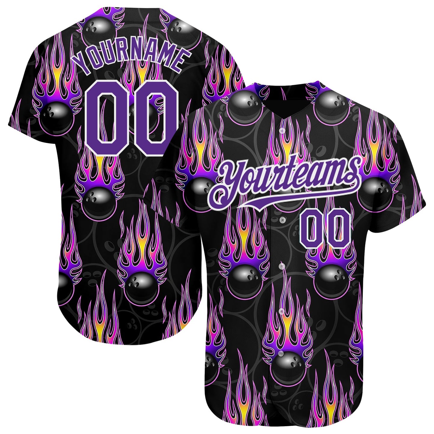 Custom Black Purple-White 3D Pattern Design Bowling Ball With Hotrod Flame Authentic Baseball Jersey - Sky-Custom