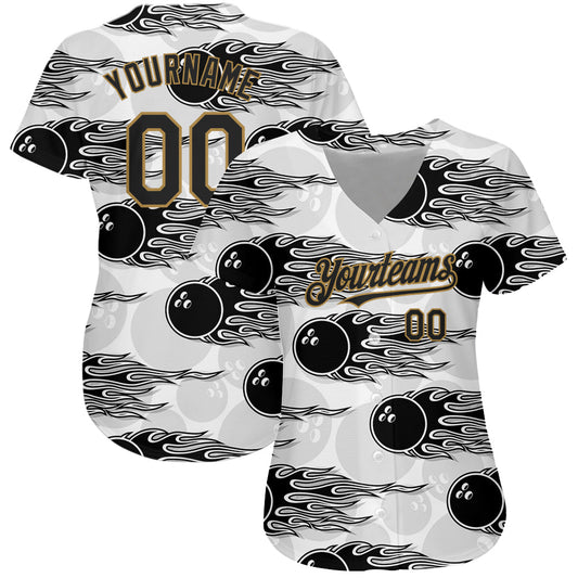 Custom White Black-Old Gold 3D Pattern Design Bowling Ball With Hotrod Flame Authentic Baseball Jersey - Sky-Custom