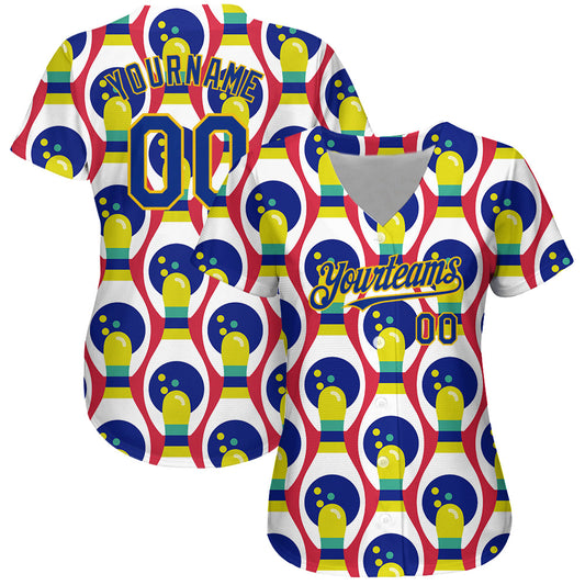 Custom White Royal-Yellow 3D Pattern Design Bowling Authentic Baseball Jersey - Sky-Custom