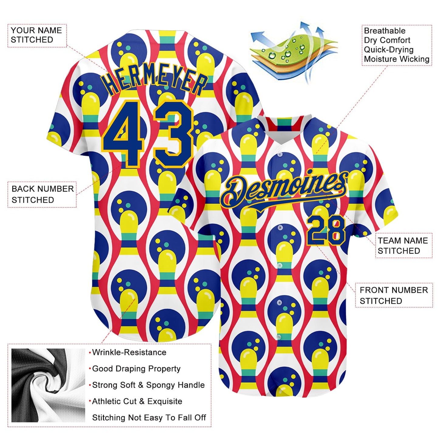 Custom White Royal-Yellow 3D Pattern Design Bowling Authentic Baseball Jersey - Sky-Custom