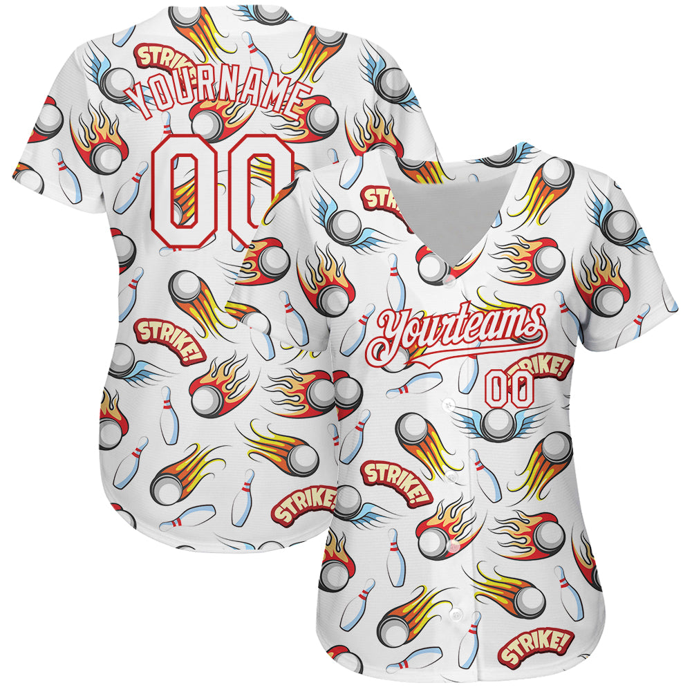 Custom White Red 3D Pattern Design Firely Bowling Authentic Baseball Jersey - Sky-Custom