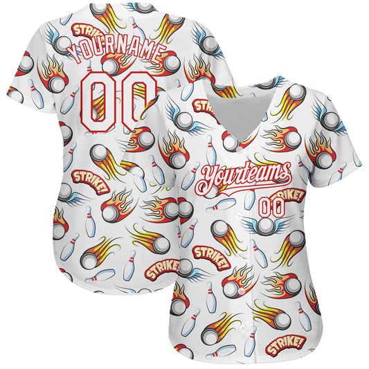 Custom White Red 3D Pattern Design Firely Bowling Authentic Baseball Jersey - Sky-Custom
