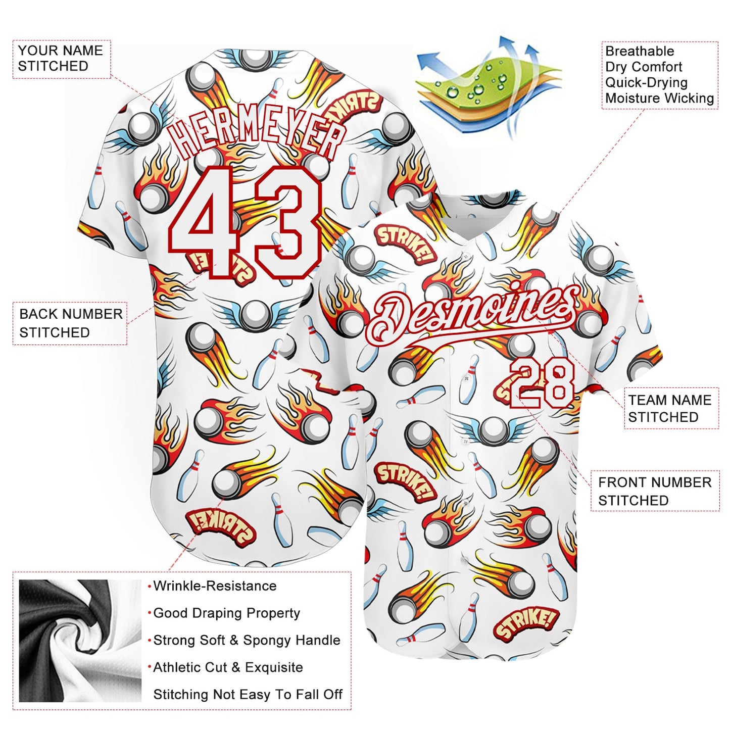 Custom White Red 3D Pattern Design Firely Bowling Authentic Baseball Jersey - Sky-Custom