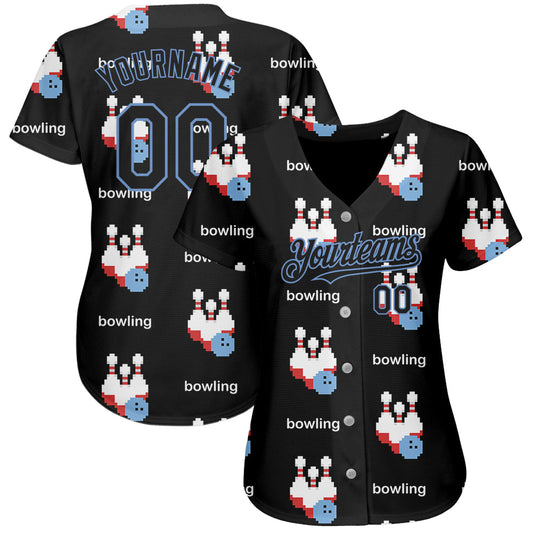 Custom Black Light Blue 3D Pattern Design Bowling Authentic Baseball Jersey - Sky-Custom