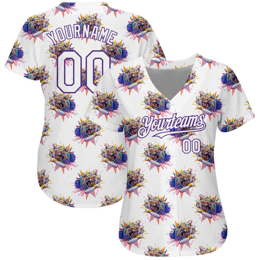 Custom White Purple 3D Pattern Design Growling Lion Among The Bowling Authentic Baseball Jersey - Sky-Custom