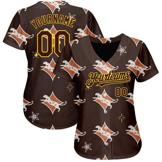Custom Brown Yellow 3D Pattern Design Leopard Authentic Baseball Jersey - Sky-Custom