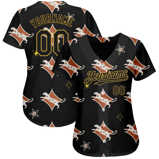 Custom Black Old Gold 3D Pattern Design Leopard Authentic Baseball Jersey - Sky-Custom