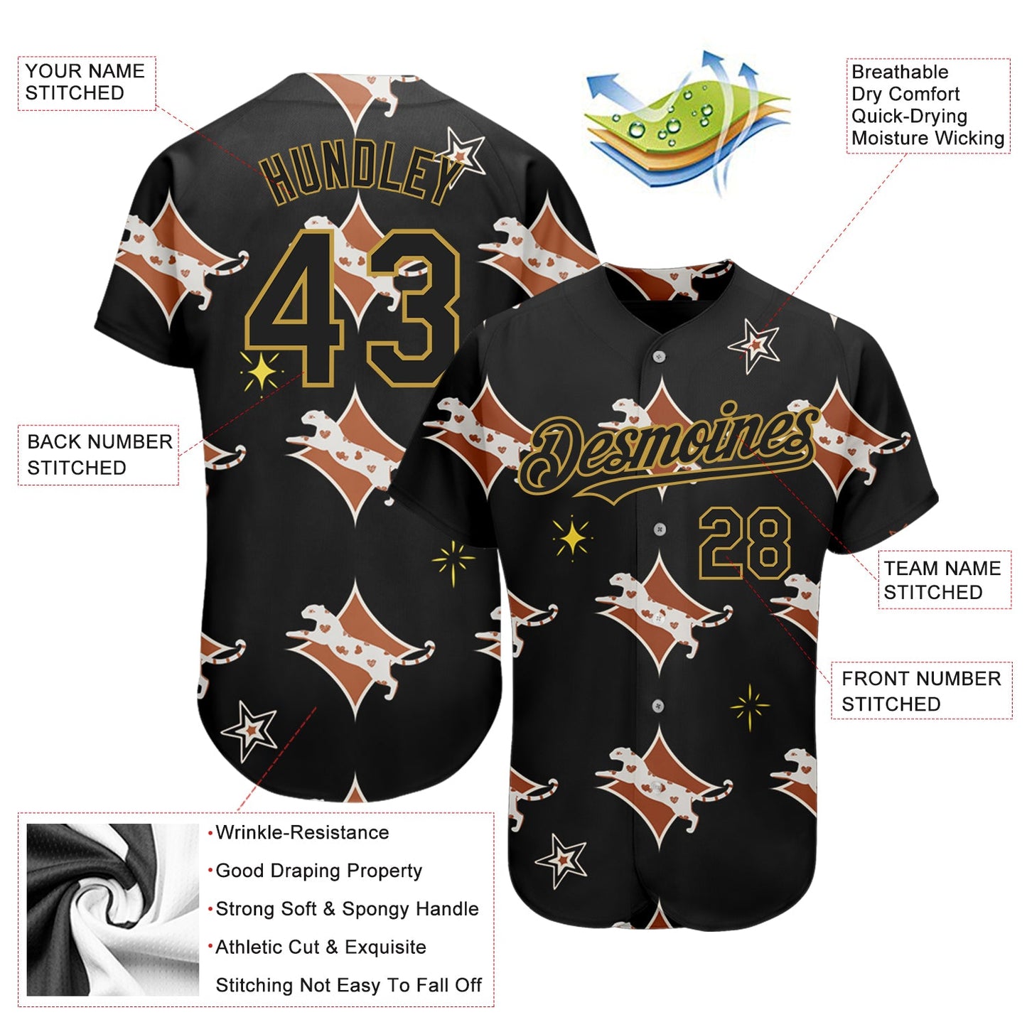 Custom Black Old Gold 3D Pattern Design Leopard Authentic Baseball Jersey - Sky-Custom