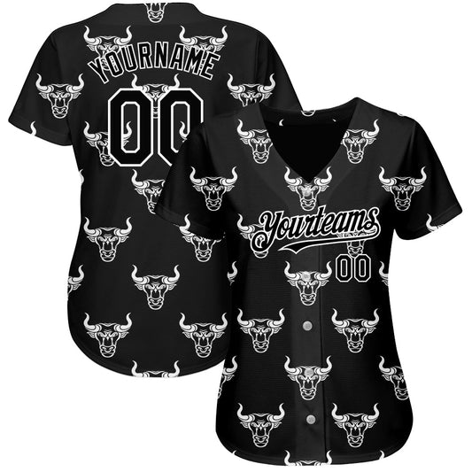 Custom Black White 3D Pattern Design Ox Authentic Baseball Jersey - Sky-Custom