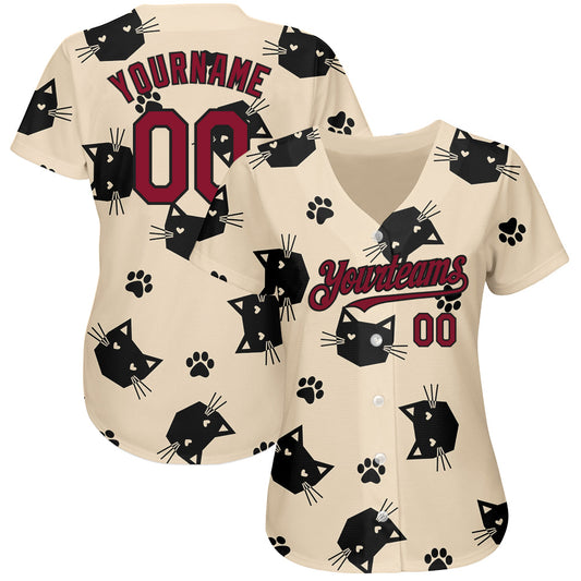 Custom Cream Crimson-Black 3D Pattern Design Cat Authentic Baseball Jersey - Sky-Custom