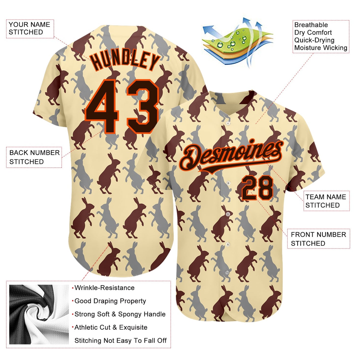 Custom City Cream Brown-Orange 3D Pattern Design Rabbit Authentic Baseball Jersey - Sky-Custom