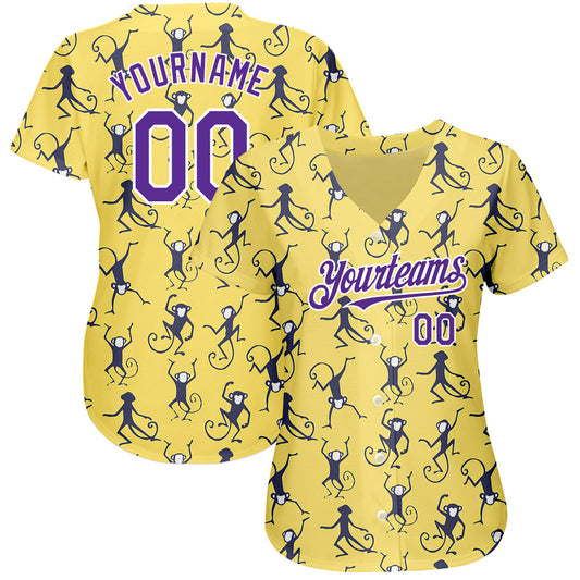 Custom Yellow Purple-White 3D Pattern Design Monkey Authentic Baseball Jersey - Sky-Custom
