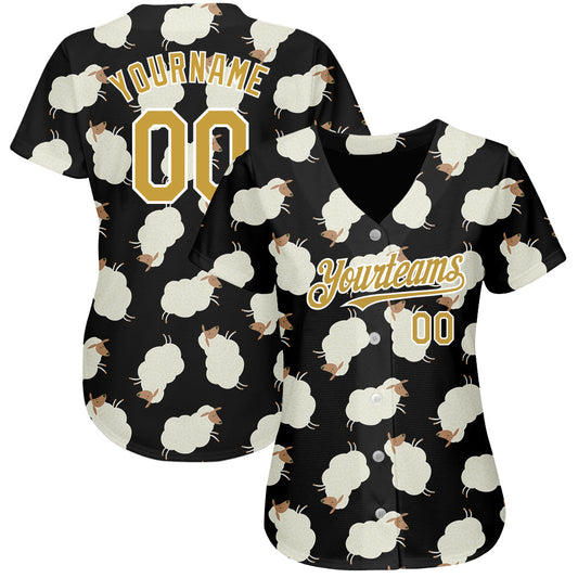 Custom Black Old Gold-White 3D Pattern Design Goat Authentic Baseball Jersey - Sky-Custom