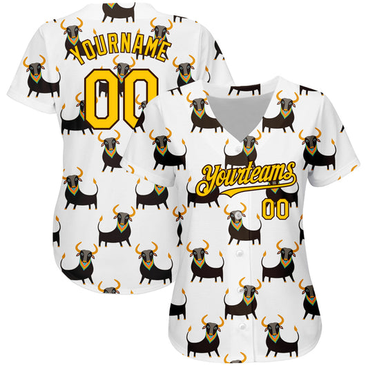 Custom White Yellow-Brown 3D Pattern Design Ox Authentic Baseball Jersey - Sky-Custom