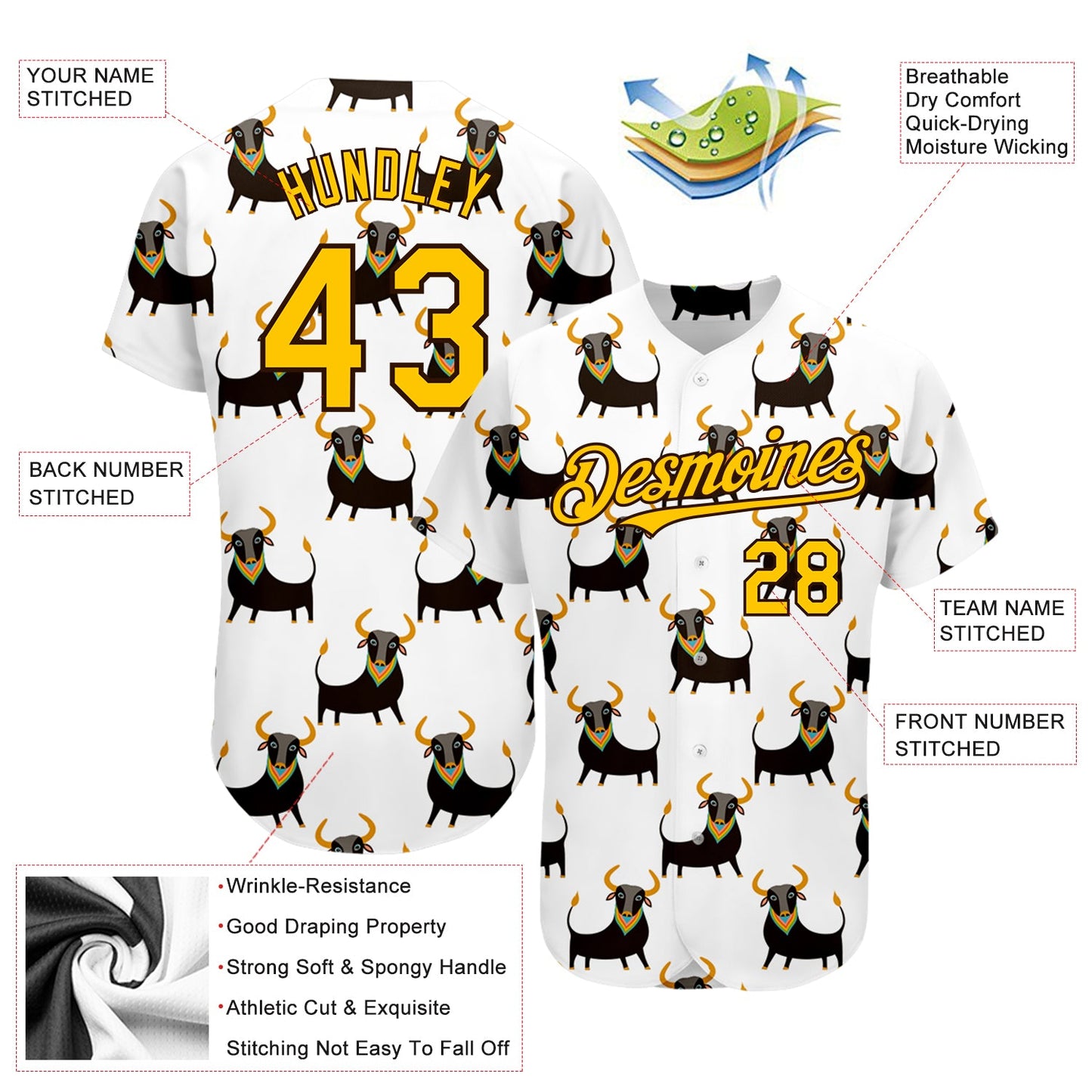 Custom White Yellow-Brown 3D Pattern Design Ox Authentic Baseball Jersey - Sky-Custom