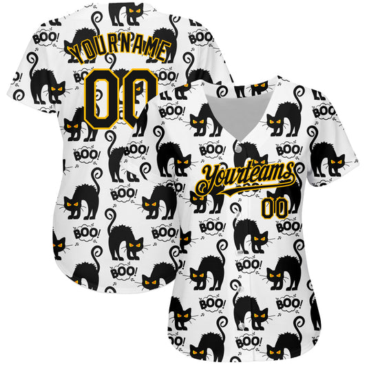 Custom White Black-Yellow 3D Pattern Design Cat Authentic Baseball Jersey - Sky-Custom