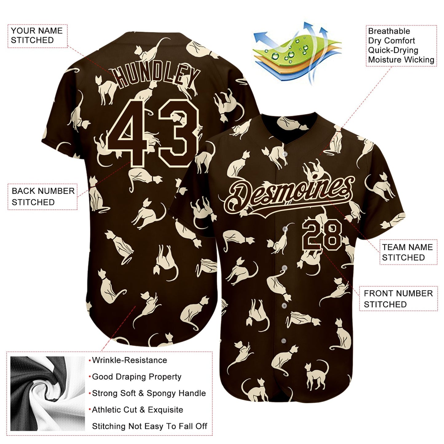 Custom Brown Cream 3D Pattern Design Cat Authentic Baseball Jersey - Sky-Custom