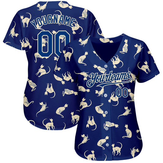 Custom US Navy Blue Cream 3D Pattern Design Cat Authentic Baseball Jersey - Sky-Custom