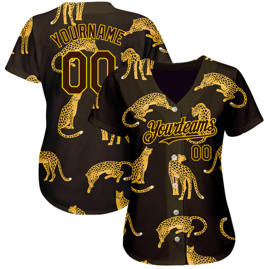 Custom Brown Yellow 3D Pattern Design Leopard Authentic Baseball Jersey - Sky-Custom