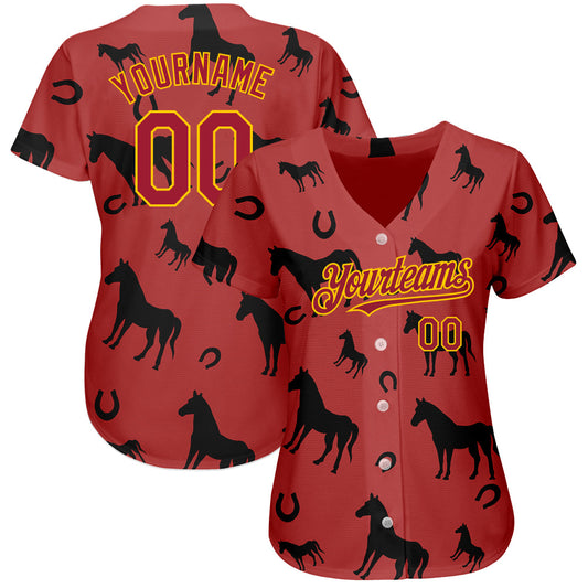 Custom Cardinal Yellow 3D Pattern Design Horse Authentic Baseball Jersey - Sky-Custom