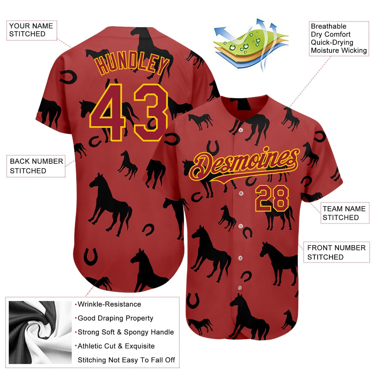 Custom Cardinal Yellow 3D Pattern Design Horse Authentic Baseball Jersey - Sky-Custom