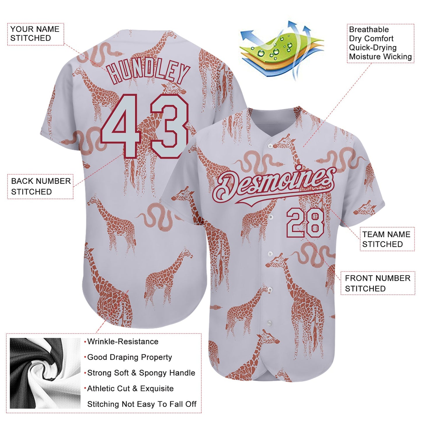Custom Gray Silver-Cardinal 3D Pattern Design Giraffe And Snake Authentic Baseball Jersey - Sky-Custom