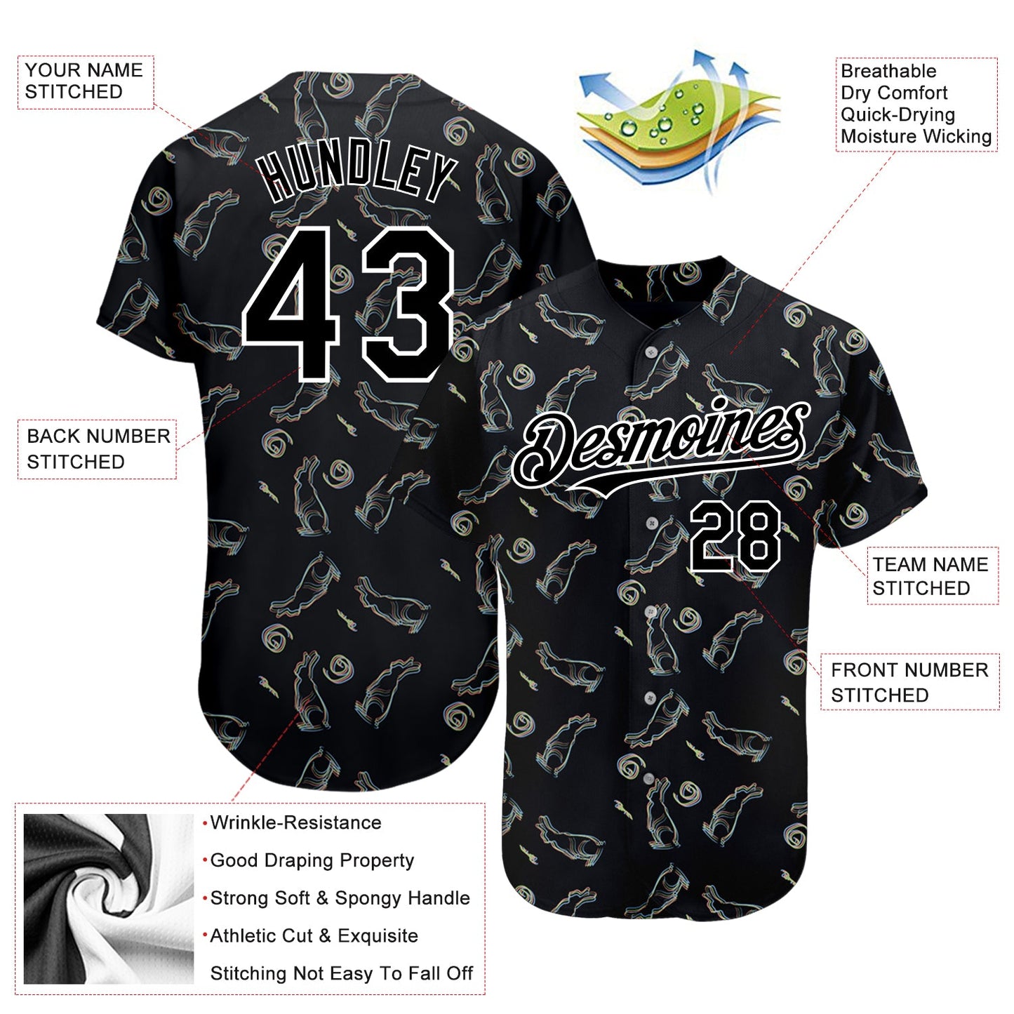 Custom Black White 3D Pattern Design Rabbit Authentic Baseball Jersey - Sky-Custom