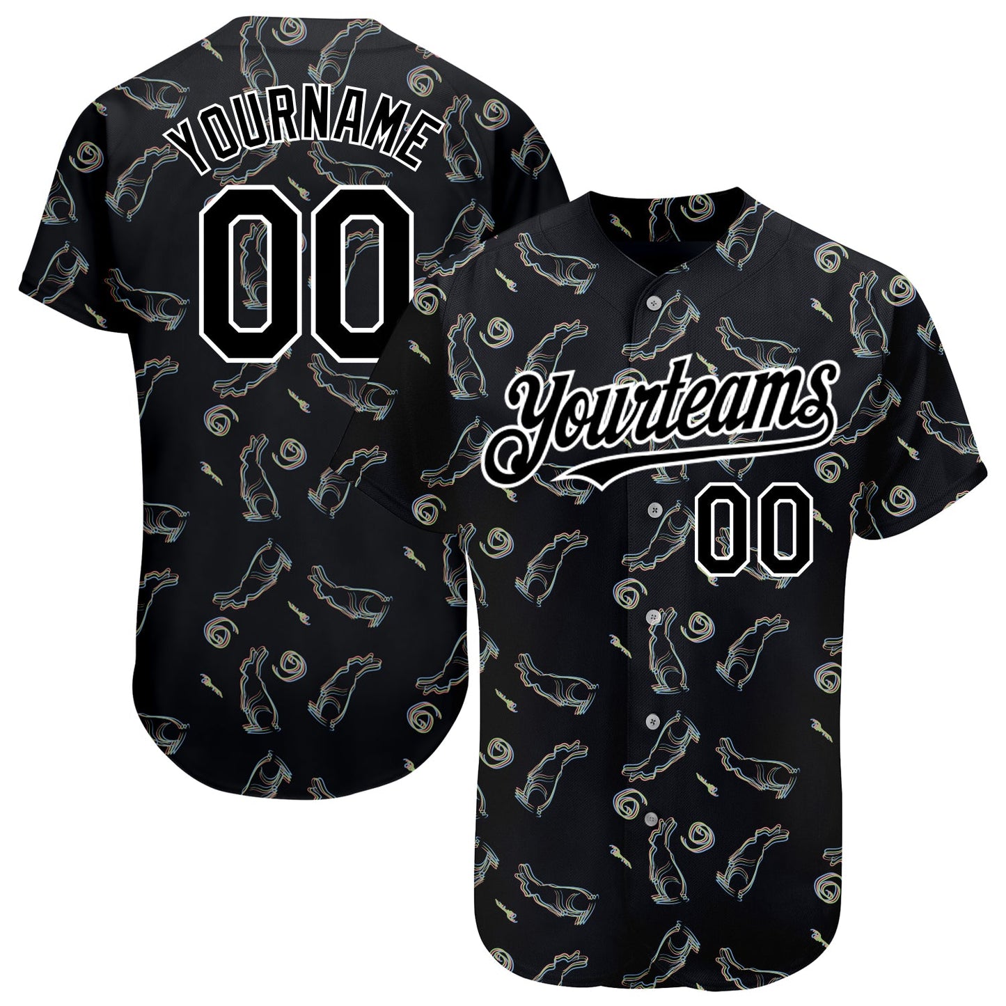 Custom Black White 3D Pattern Design Rabbit Authentic Baseball Jersey - Sky-Custom