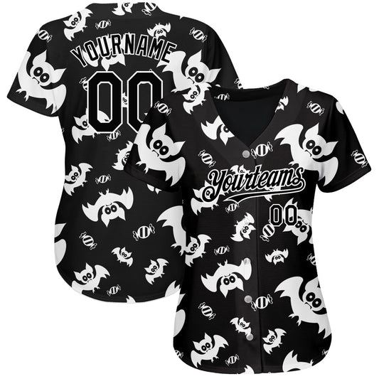 Custom Black White 3D Pattern Design Bat Authentic Baseball Jersey - Sky-Custom