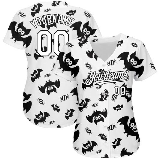 Custom White Black 3D Pattern Design Bat Authentic Baseball Jersey - Sky-Custom