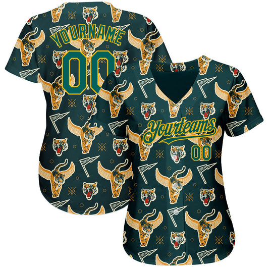 Custom Black Midnight Green-Gold 3D Pattern Design Tiger Authentic Baseball Jersey - Sky-Custom