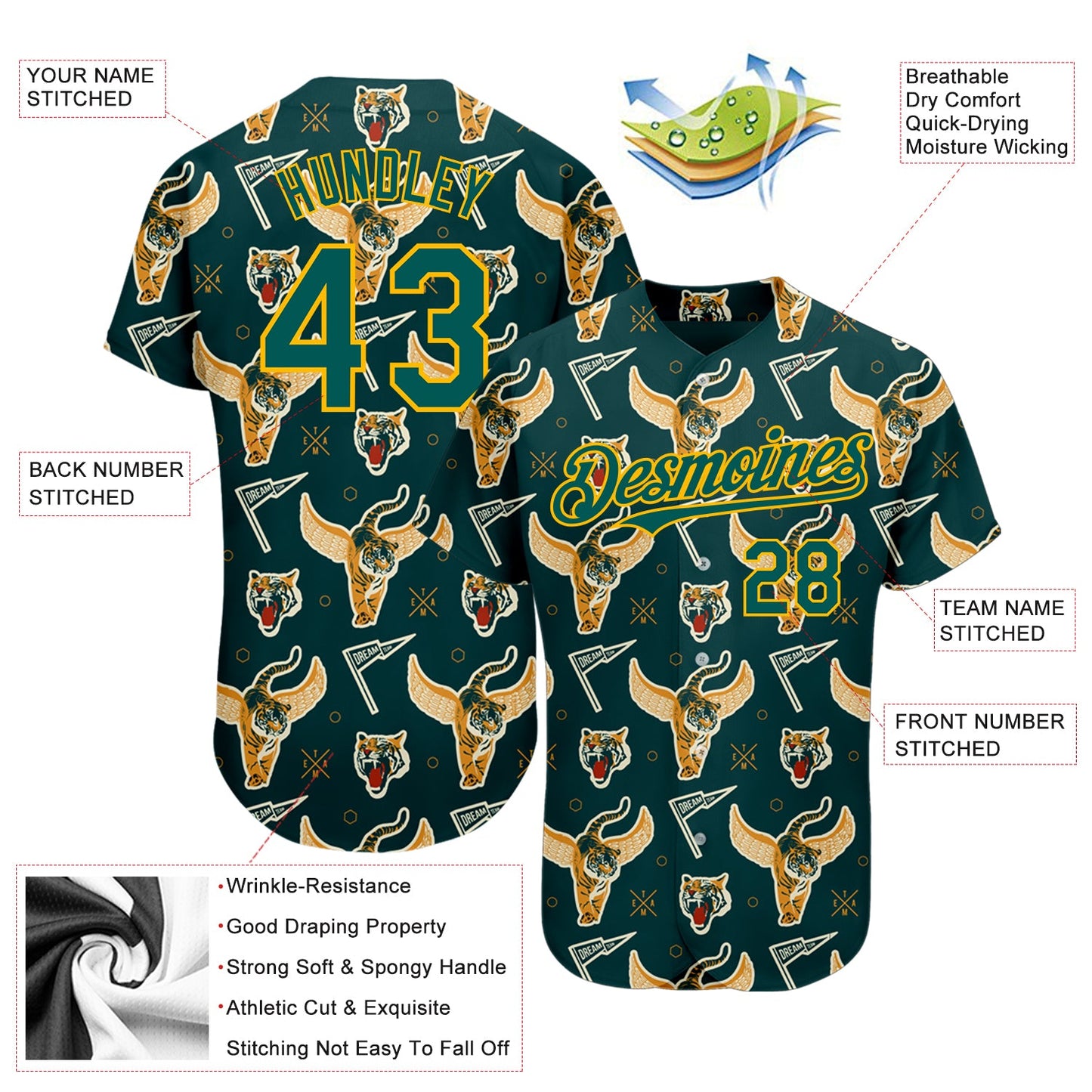 Custom Black Midnight Green-Gold 3D Pattern Design Tiger Authentic Baseball Jersey - Sky-Custom