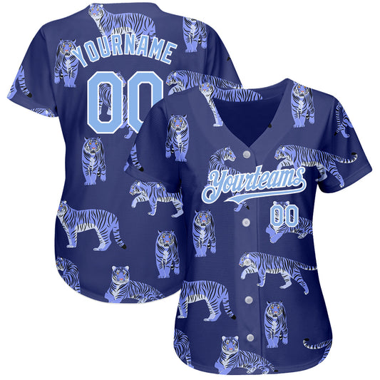 Custom Purple Light Blue-White 3D Pattern Design Tiger Authentic Baseball Jersey - Sky-Custom
