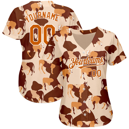 Custom Cream Texas Orange-White 3D Pattern Design Ox Authentic Baseball Jersey - Sky-Custom