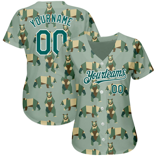 Custom Green Grass Green-White 3D Pattern Design Bear Authentic Baseball Jersey - Sky-Custom