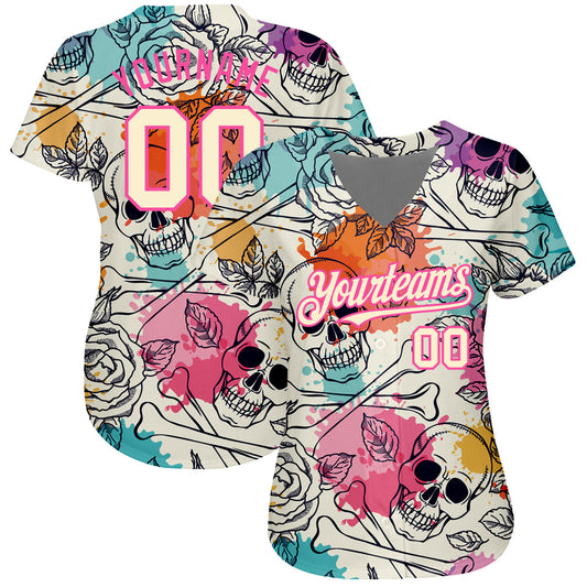 Custom Cream Pink-Black 3D Flower And Skull Fashion Authentic Baseball Jersey - Sky-Custom