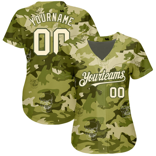 Custom Camo Cream-Olive 3D Skull Fashion Authentic Baseball Jersey - Sky-Custom