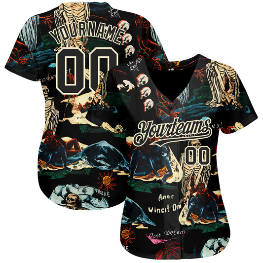 Custom Black Cream 3D Tropical Plant And Skull Fashion Authentic Baseball Jersey - Sky-Custom