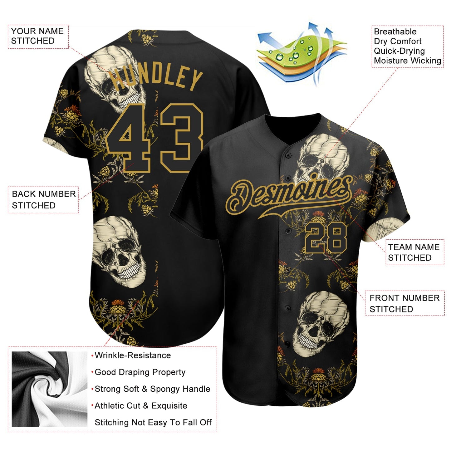 Custom Black Old Gold 3D Plant And Skull Fashion Authentic Baseball Jersey - Sky-Custom